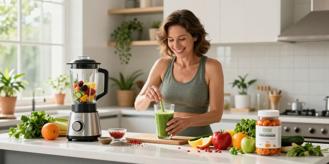 Natural antioxidant supplement beside fresh smoothie ingredients in a bright kitchen.