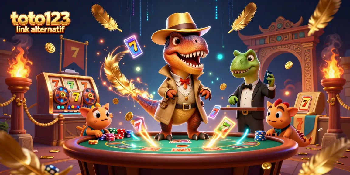 Toto123 link alternatif cartoon illustration of a velociraptor card counter at a casino, enriched with slot reels and golden coins.