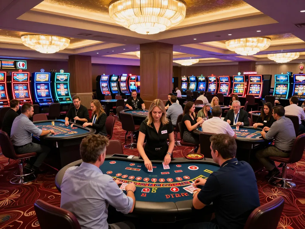 Players enjoying blackjack and roulette in a lively casino non aams europei atmosphere with vibrant lights and colorful decor.