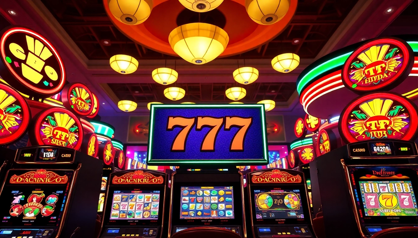 Rasakan keseruan bermain slot 777 di kasino dengan mesin yang berkilauan dan suasana ceria.