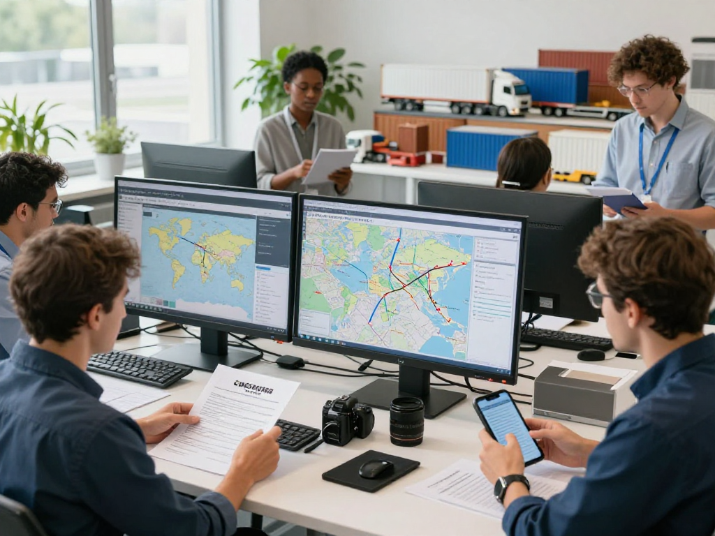 Transport Dortmund: Engagiertes Team im Logistikbüro bei internationalem Versand.