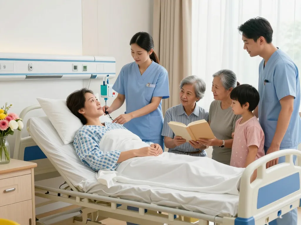 Comfortable giường bệnh nhân in a caring hospital room with healthcare professionals and family.