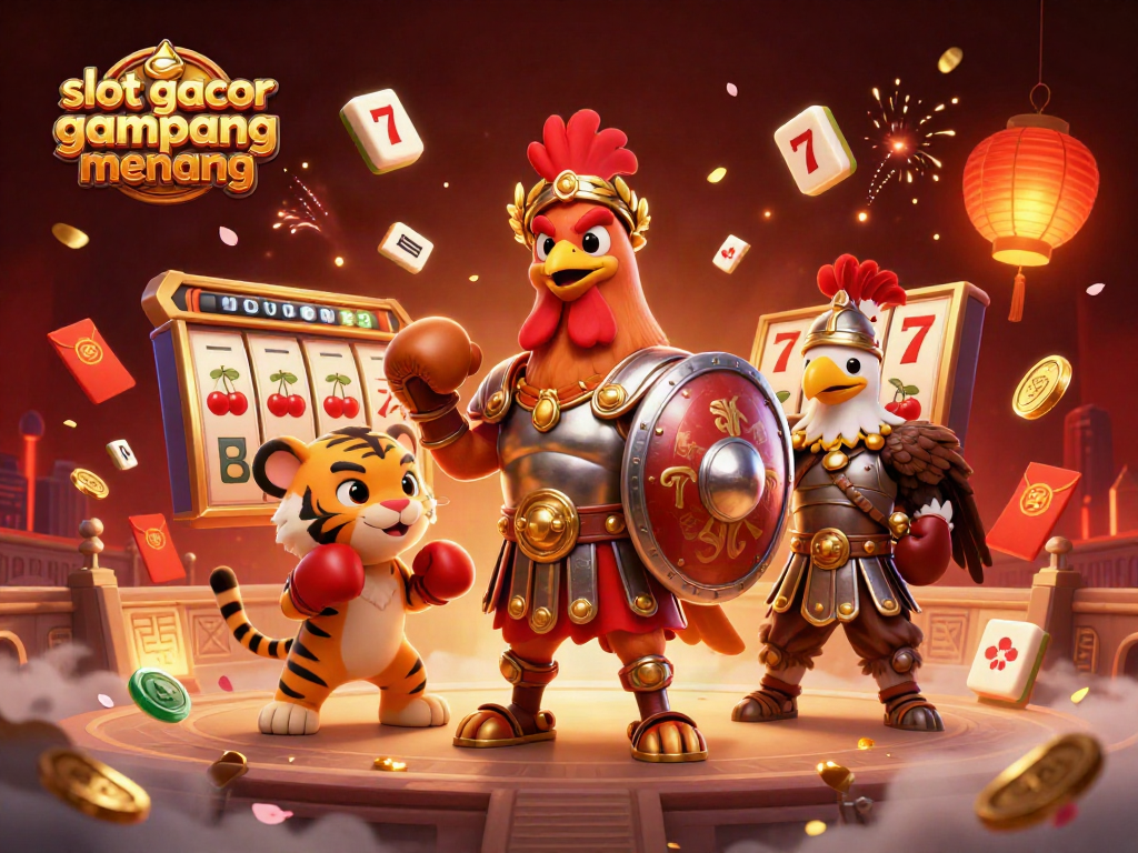 Engage with slot gacor gampang menang in this vibrant 3D illustration featuring a gladiator rooster and lucky symbols.