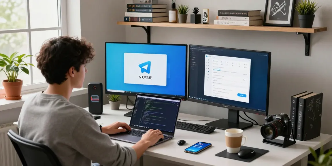 Explore the features of 纸飞机中文版 in a modern tech workspace with multi-monitors and natural light.