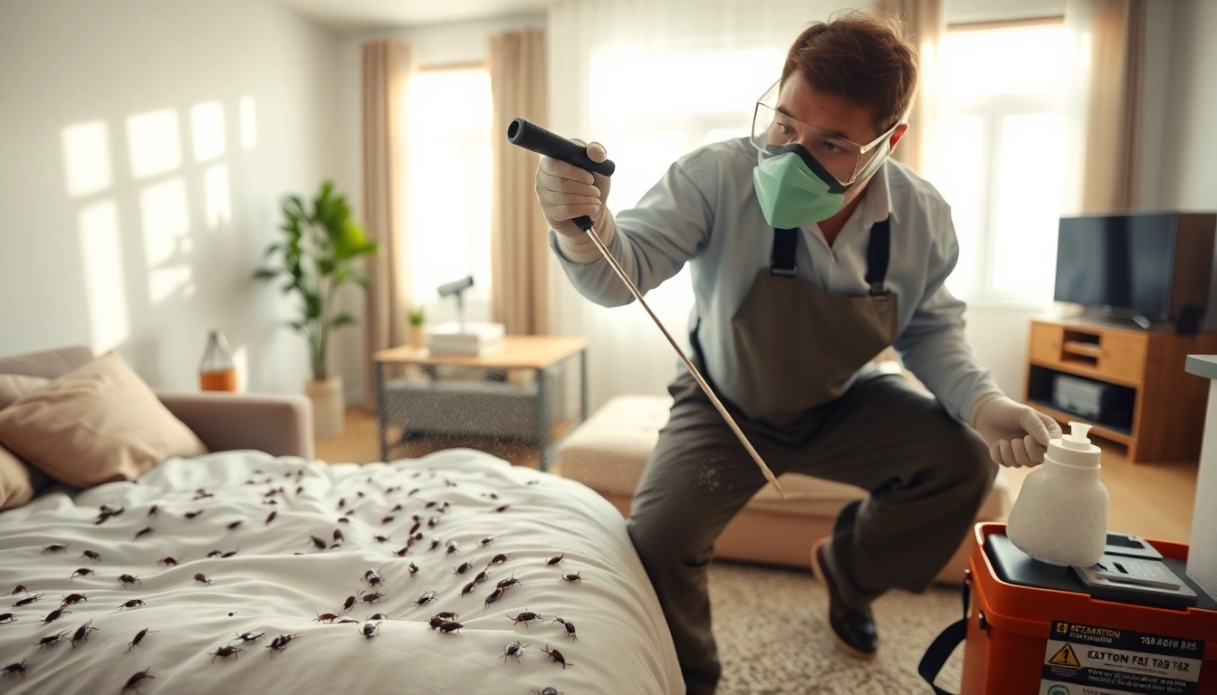 Exterminator providing efficient bed bug extermination near me in a living room.