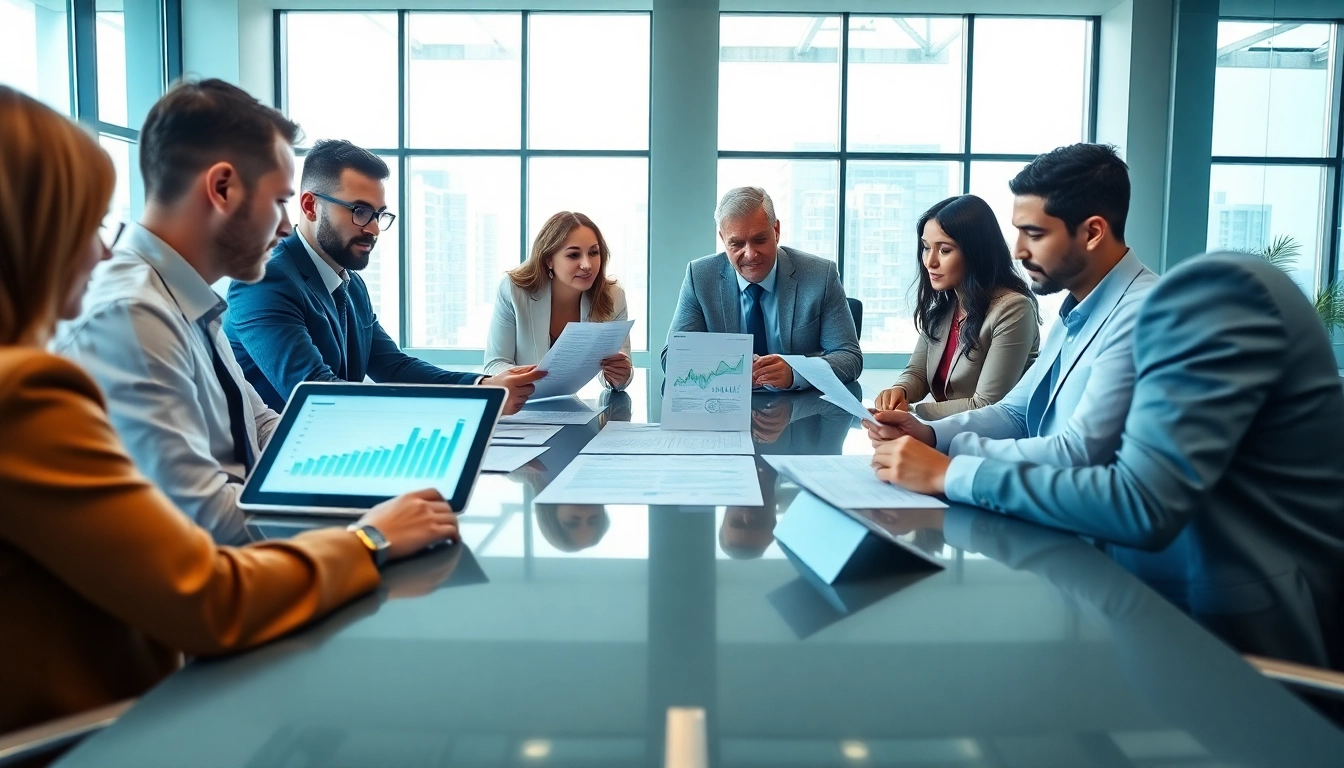 Engaging professionals in a contract management session reviewing documents and data analytics.