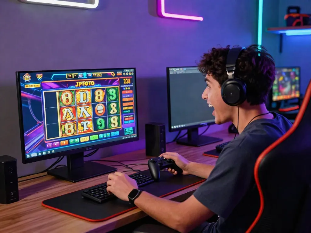 Pemain JPTOTO terlibat dalam permainan jackpot dengan suasana gaming yang dinamis dan penuh warna.