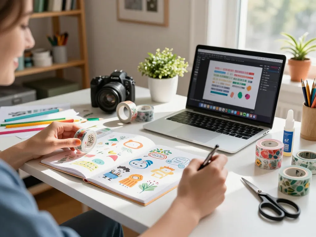 Custom washi tape design in a vibrant artist studio, showcasing creativity and colorful supplies.