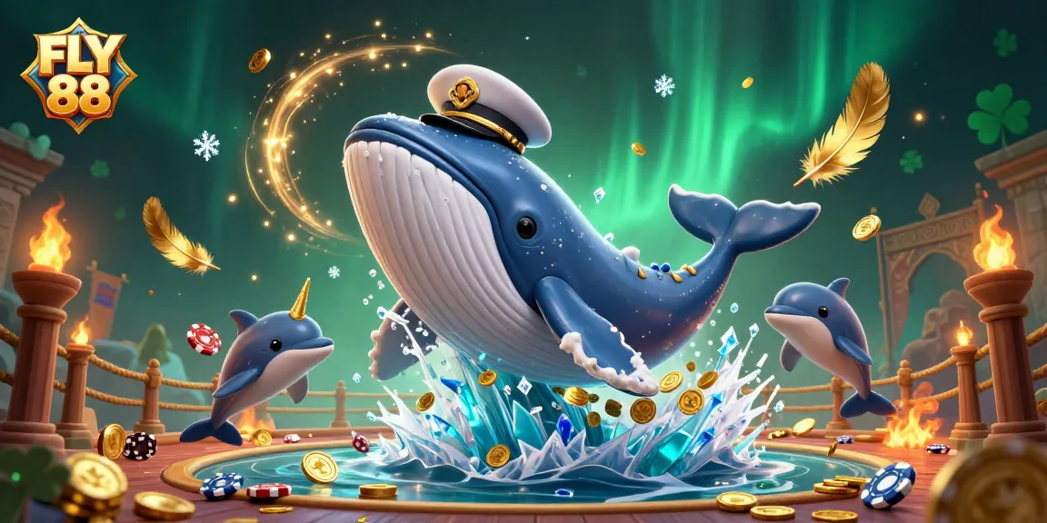FLY 88 showcases a spectacular casino adventure with a whale, narwhal, and dolphins playing poker amidst gold coins.