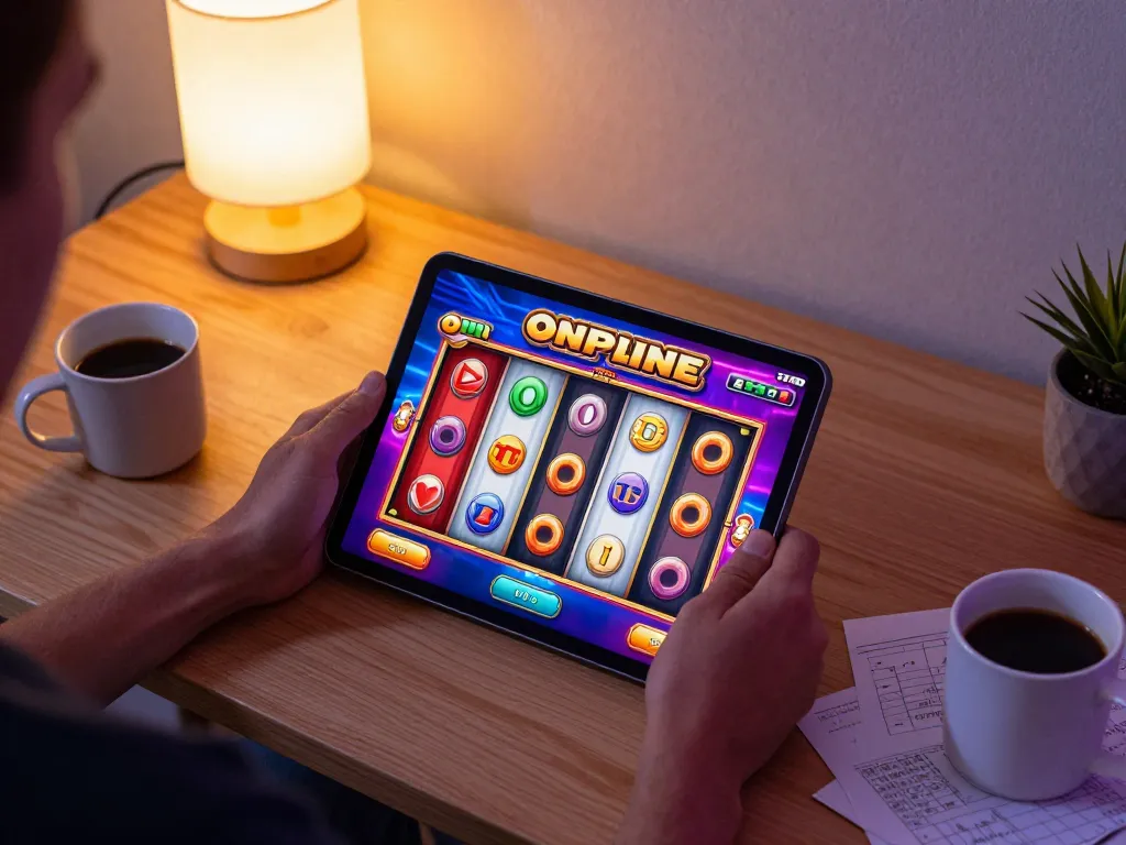 Engaging in slot online gaming using a tablet, showcasing colorful interface and cozy home environment.