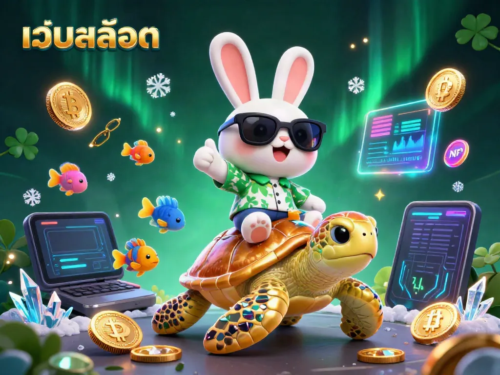 Engaging cartoon scene featuring a lucky rabbit and golden turtle showcasing เว็บสล็อต with vibrant colors and gaming elements.