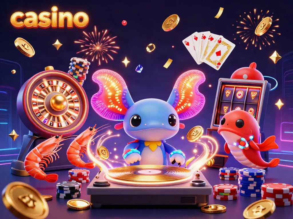 Cascading coins and colorful characters animate the casino scene with lively energy.