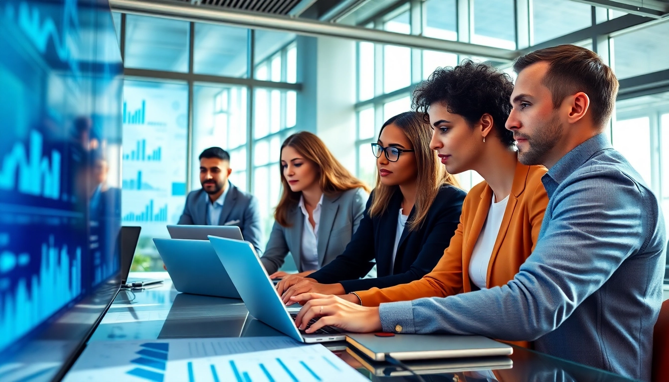 B2B competitive intelligence analysis in a vibrant corporate setting with diverse professionals collaborating.