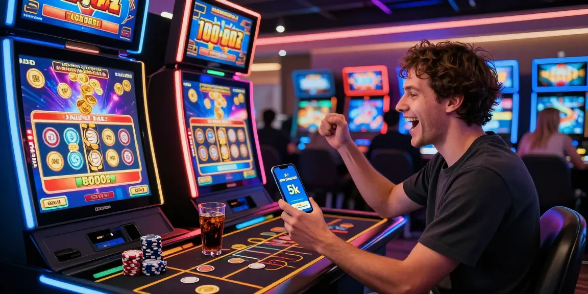 Player celebrating at a live casino gaming desk with a slot deposit 5k feature visible, surrounded by lively gaming atmosphere.