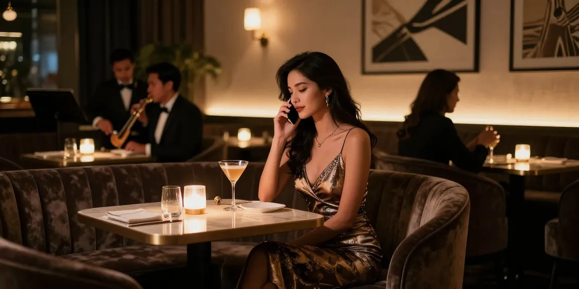Call girl enjoying an upscale evening in a classy lounge, dressed elegantly.