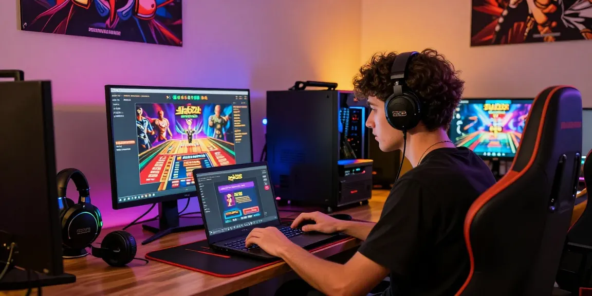 Player logging into raja328 gaming platform amidst vibrant gaming accessories.
