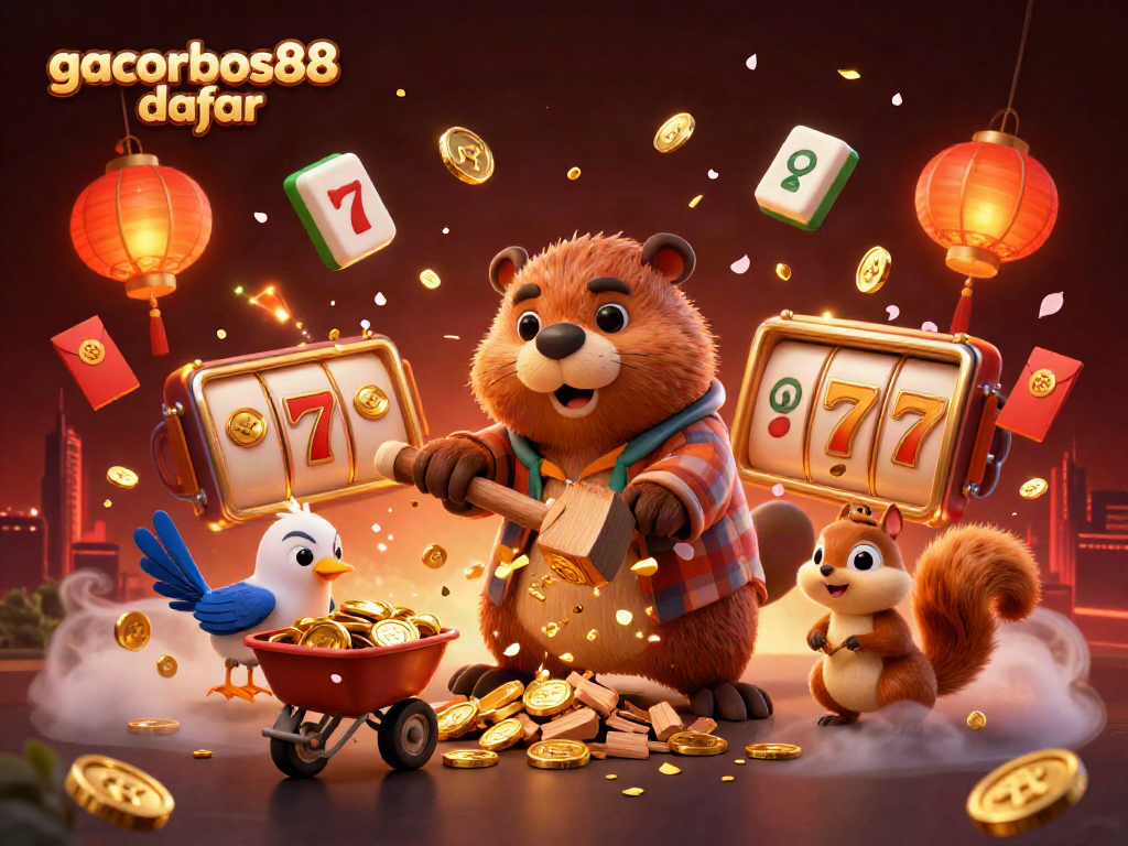 Experience gacorbos88 daftar with a lively 3D illustration of a beaver and friends amidst gold coins and dynamic casino elements.