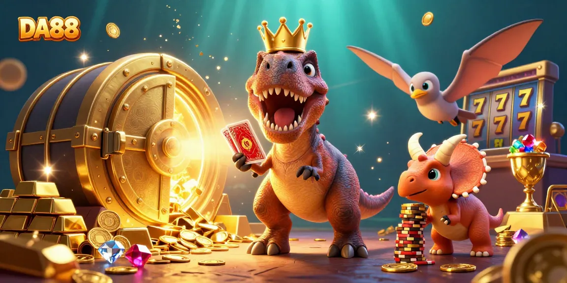 DA88: A friendly T-Rex shuffles cards while a pterodactyl assists in a vibrant casino setting.
