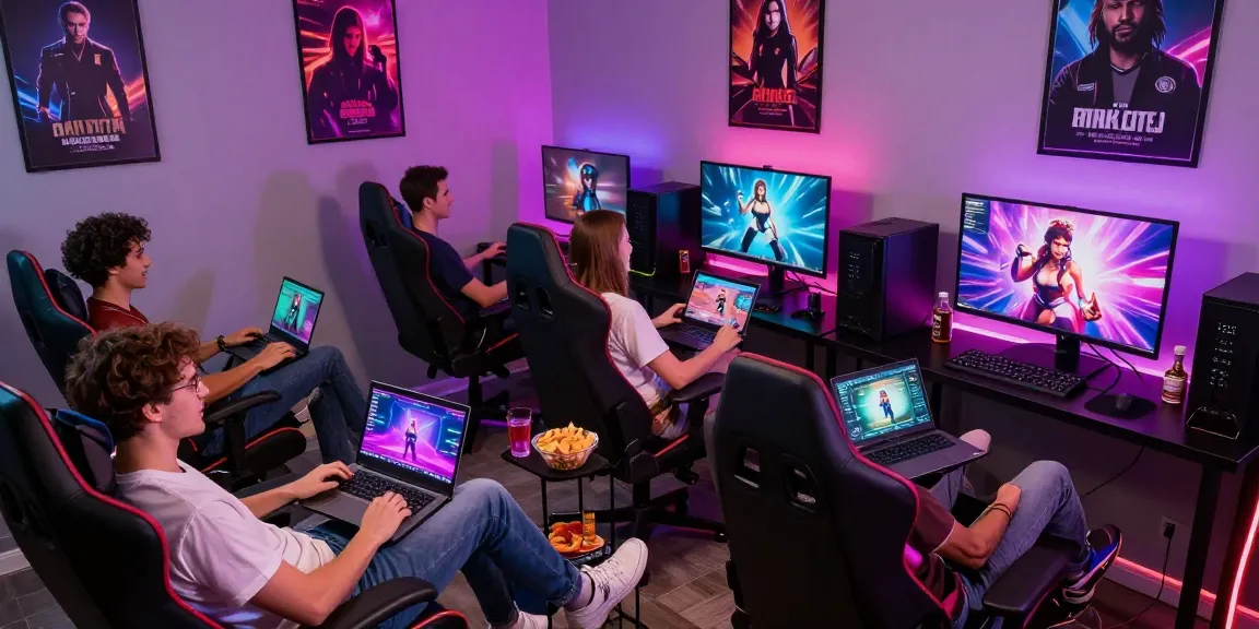 Friends enjoying a sex game online in a vibrant gaming room filled with LED lights.