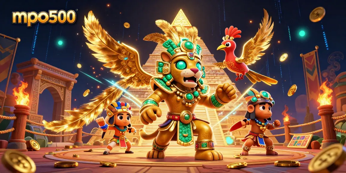 Engage with the mpo500 platform featuring a dynamic Mayan priest and quetzal bird amidst rich casino elements.