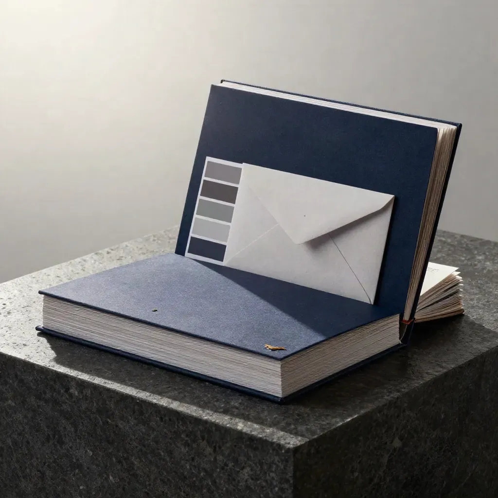 Oversized navy launch blueprint kit with cards, notebook, envelope set and swatches on stone.