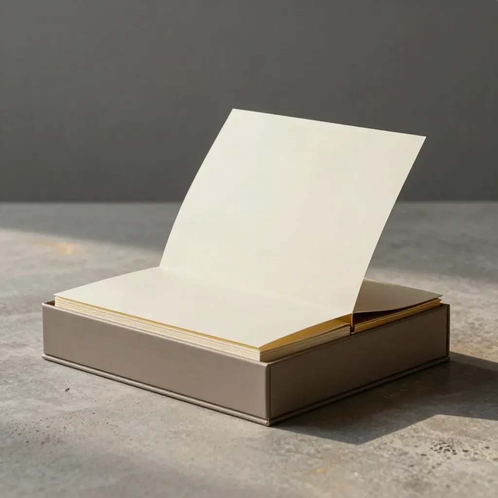 Brand launch bundle box with blank folios, sealed sleeve and linen insert on stone, mid-slide.
