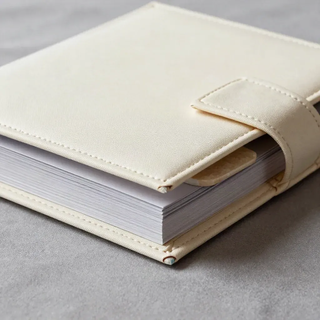 Cream fabric-wrapped launch binder with tabbed inserts and a stone sample in soft macro light