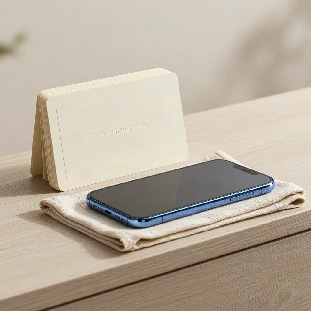 Social launch kit cards, face-down phone and linen square on pale wood with a subtle blue glint.