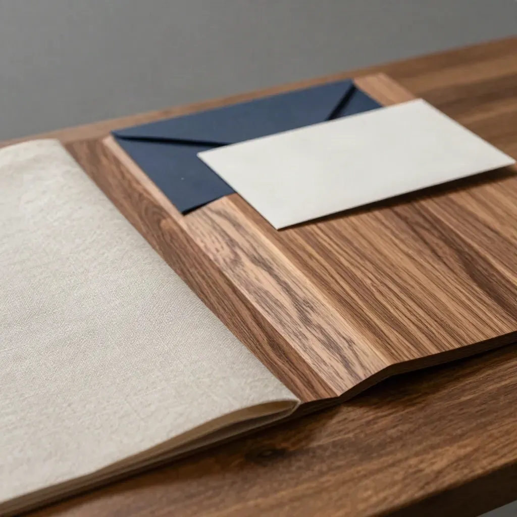 Debossed launch event plan board with linen swatch and two invitation cards in side light