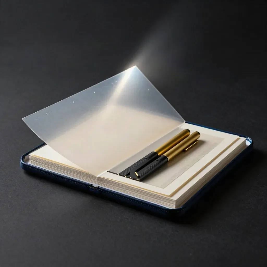 Open launch audit kit with blue edge light, gold tabs, and blank sheets in a dark studio.