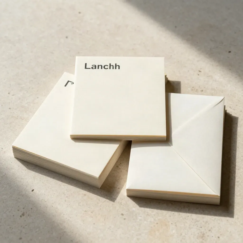 Overhead flatlay of a launch messaging folio, two card stacks, and envelope on travertine.