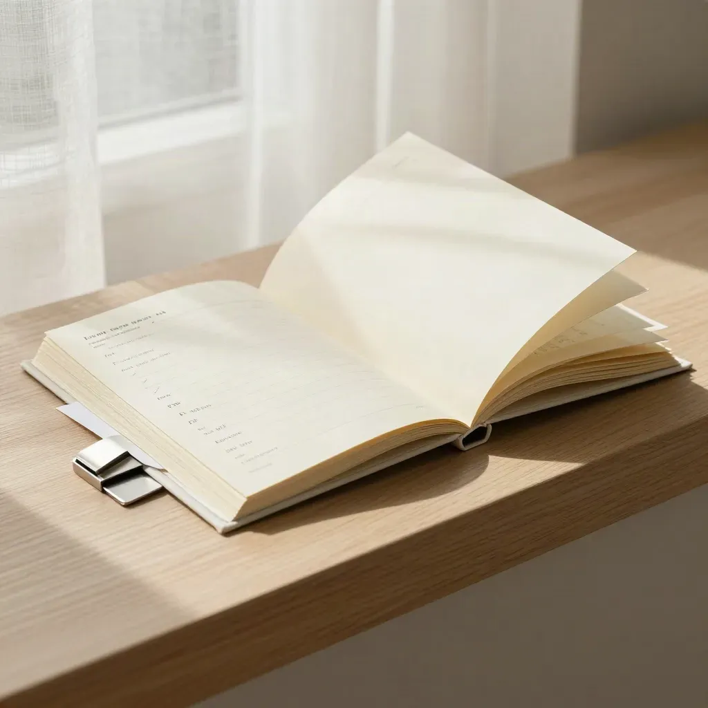 Cream launch checklist folio, folded invitation card, and silver clip on a pale oak ledge