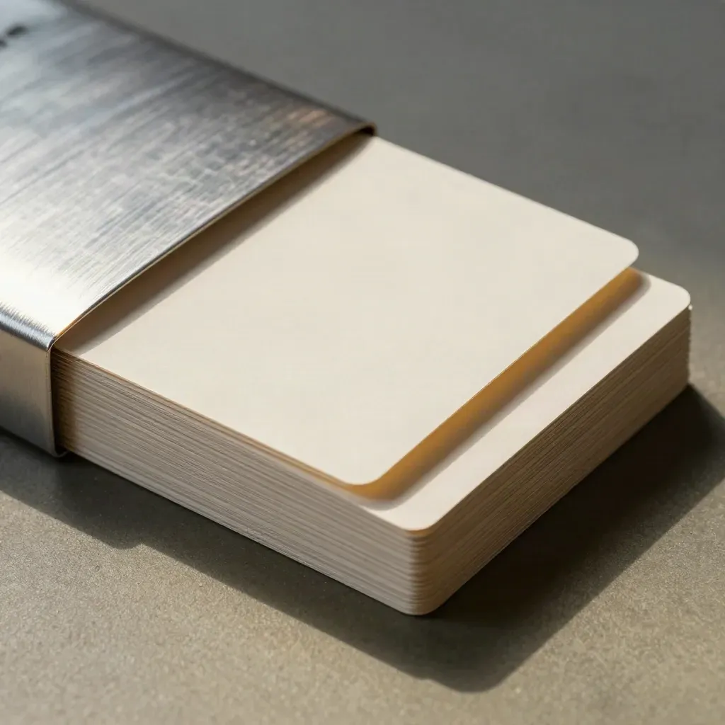 Glossy blank cards fanning from an aluminum sleeve beside a matte companion card