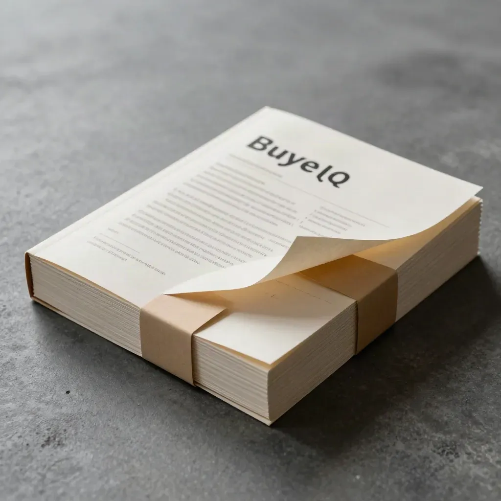 Side view of a folded FAQ packet with gold band and tab stack on dark concrete.