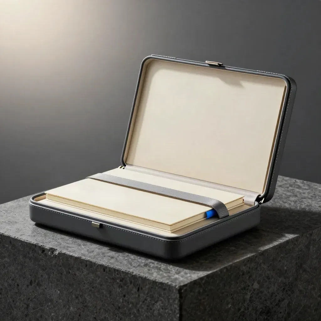 Launch day toolkit case with inserts, ribbon strap and notebook on a charcoal plinth