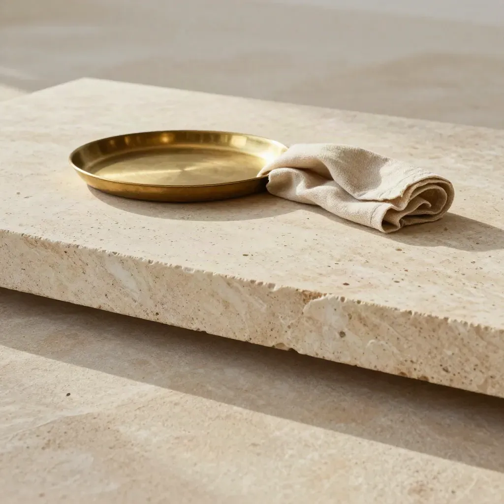 Travertine slab with brass tray and folded linen strip in warm morning light, open calm space below.