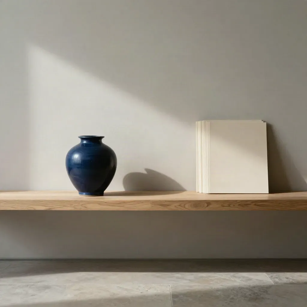Quiet gallery shelf with vase and portfolios above a calm stone copy space.