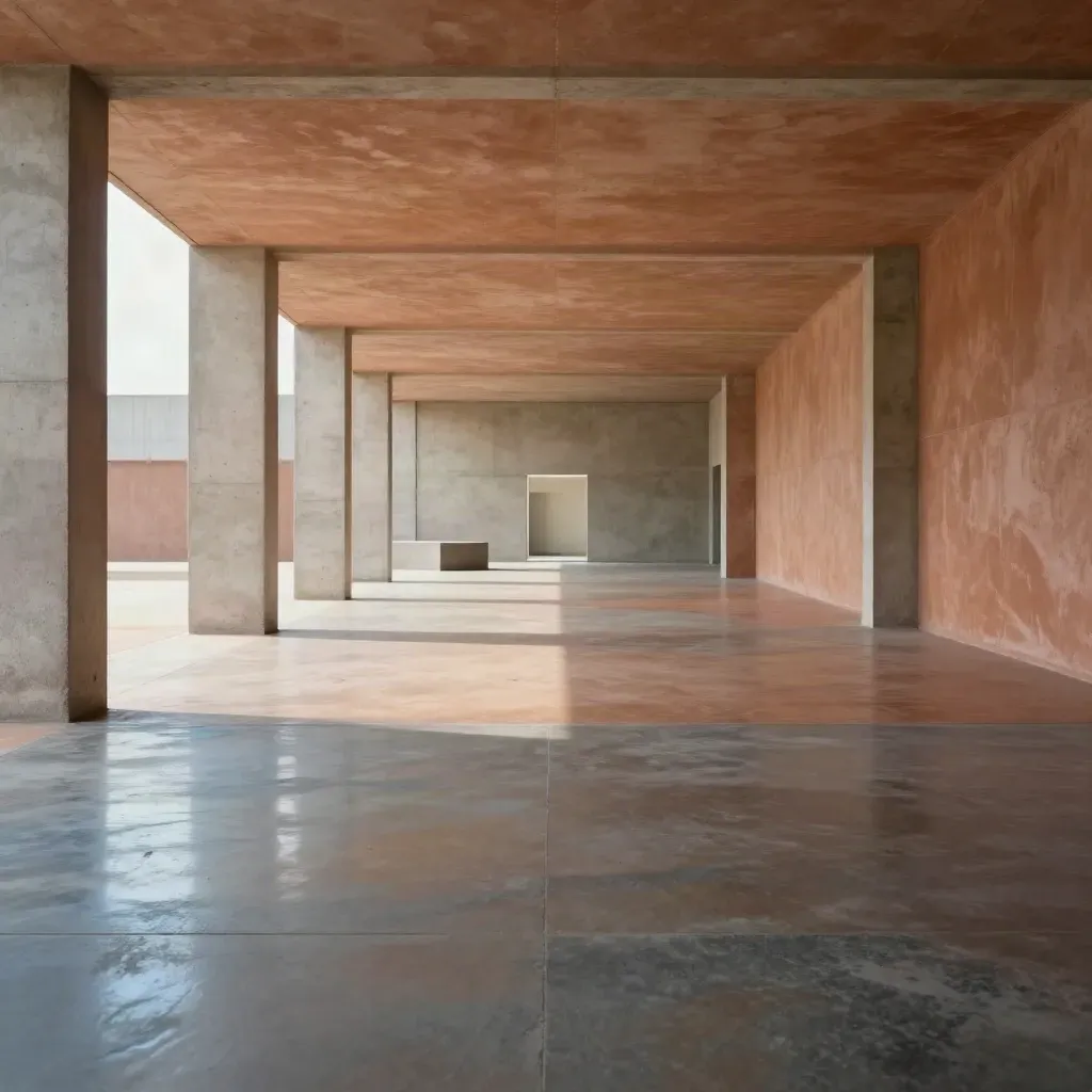 Sunlit concrete arcade with doorway and planter, calm floor space for headline copy.