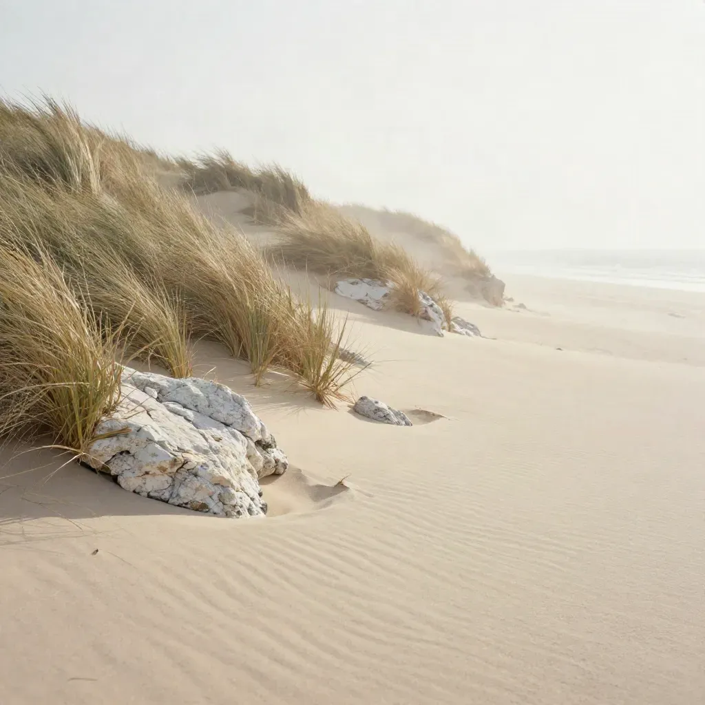 Misty dune ridge with pale rock and coastal grass above a calm sandy foreground.
