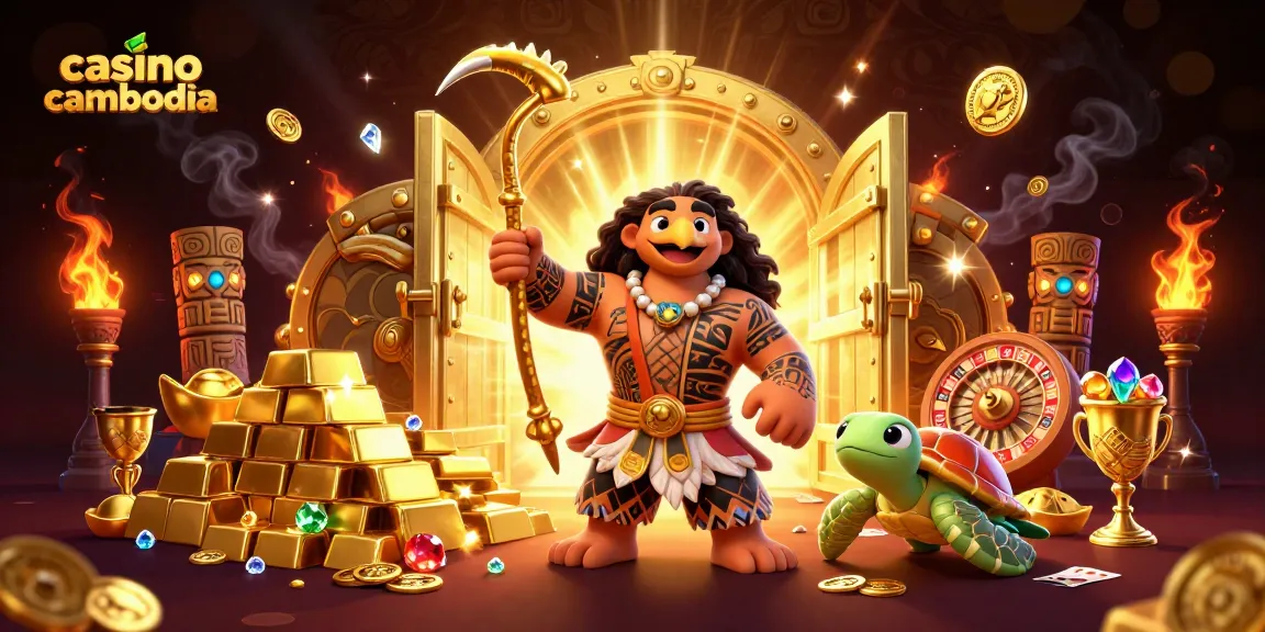 Experience excitement with casino cambodia's vibrant live gaming scene featuring a Polynesian demigod and treasures.