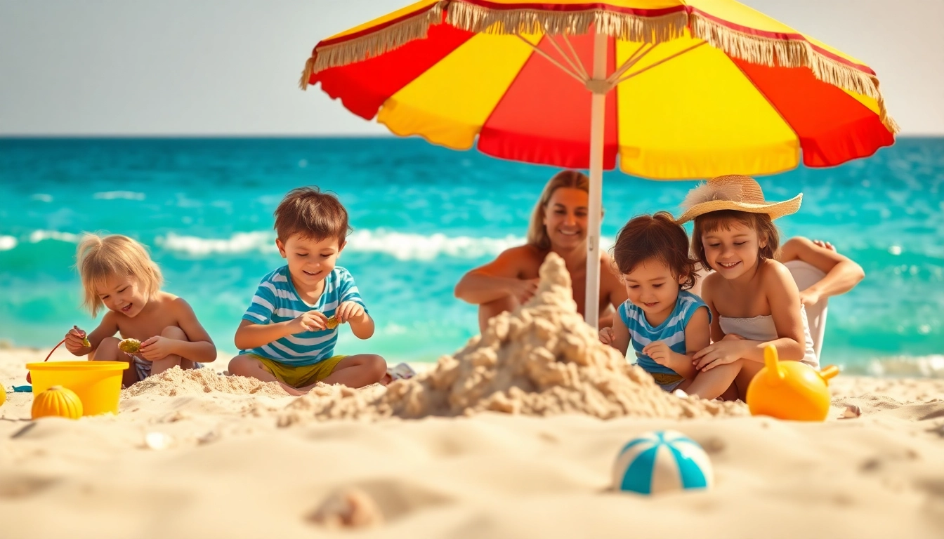 Cabo family activities at the beach with children building sandcastles and parents relaxing.