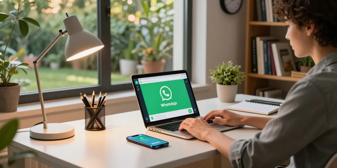 Engaged user on WhatsApp電腦版 in modern home office, vibrant workspace with laptop and smartphone.
