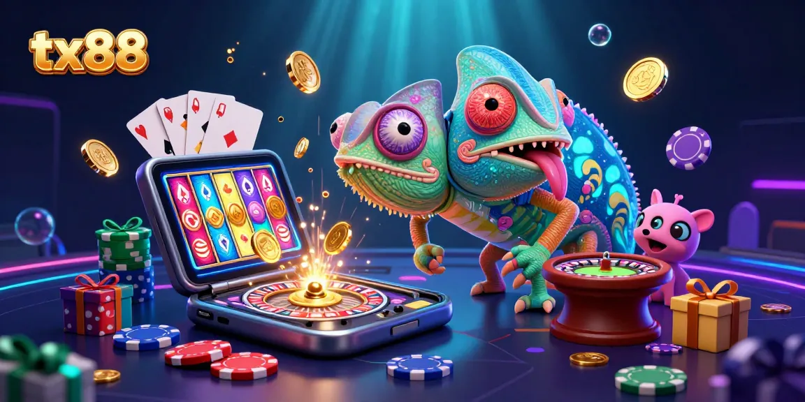 Engage with tx88's vibrant casino atmosphere through a cartoon chameleon owner, capturing excitement in gaming.