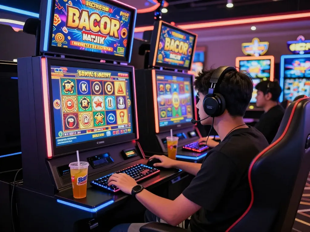 Player enjoying slot gacor hari ini in a vibrant online gaming setup, showcasing excitement and immersive elements.