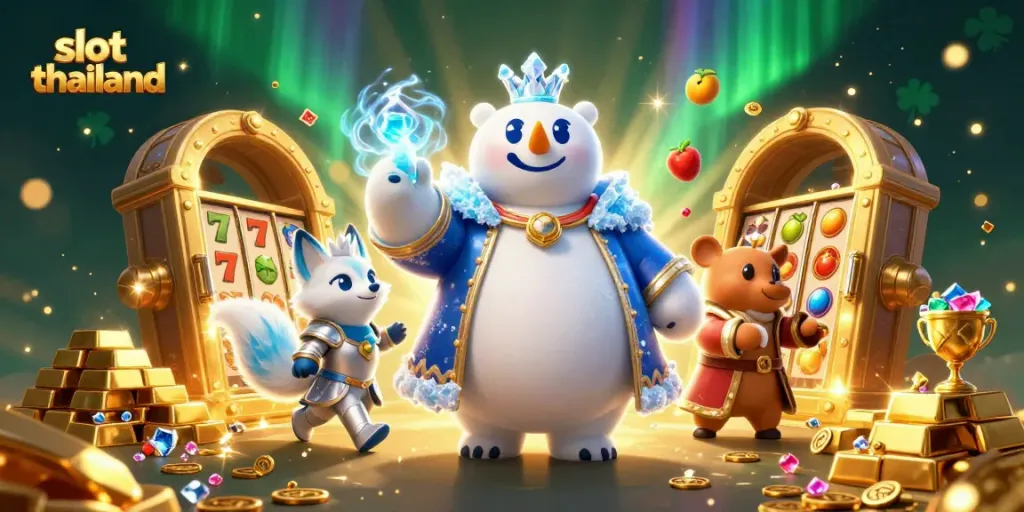 Spin the exciting slot thailand machines with treasures and characters in a magical casino scene.