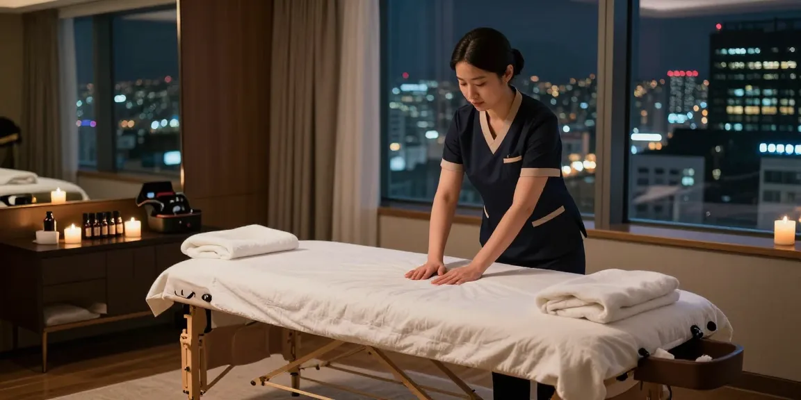 Relaxing 서울출장안마 setup in a luxury hotel room showcasing soft lighting and a professional therapist preparing for a massage.