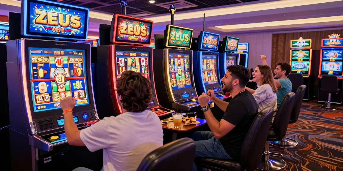 Players enjoying the zeus slot game in a vibrant, colorful casino environment.