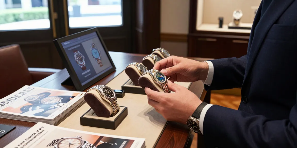 Examine premium replica watches in an upscale showroom, showcasing luxury craftsmanship and elegant design.
