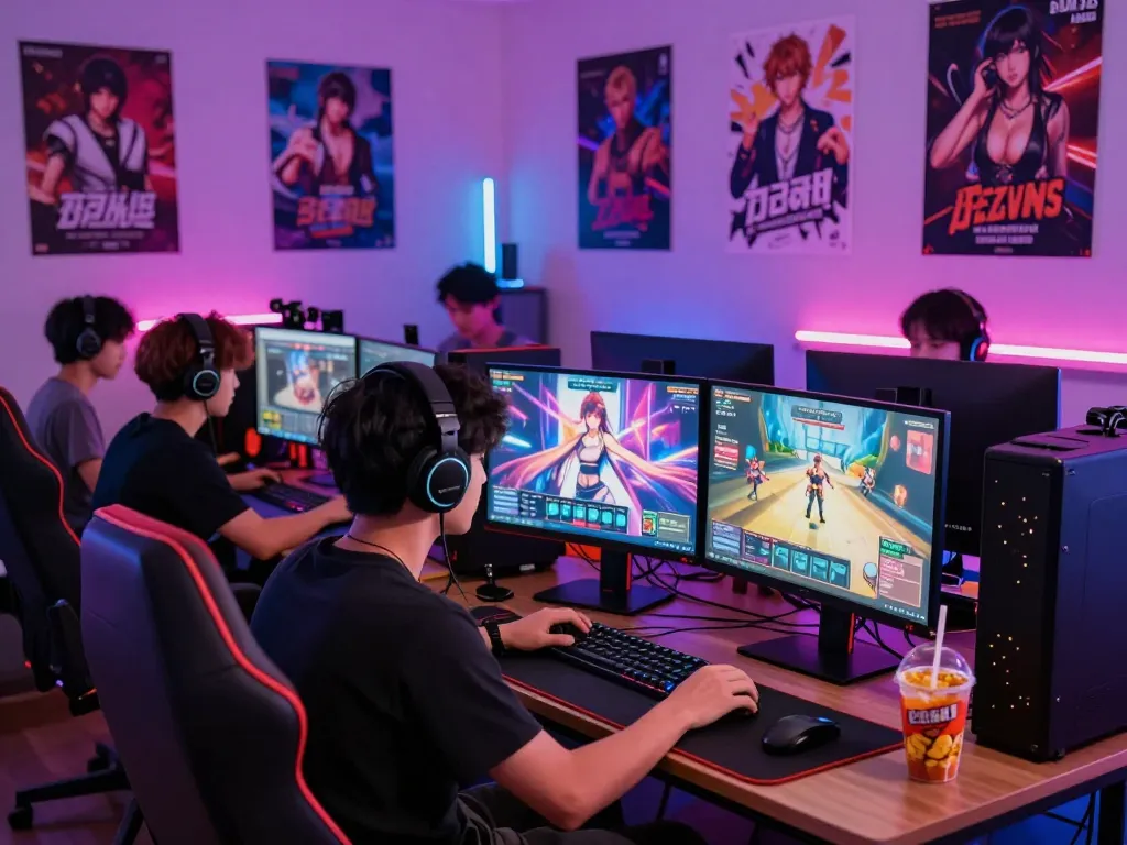 Players enjoying interactive porn games online in a vibrant gaming room.