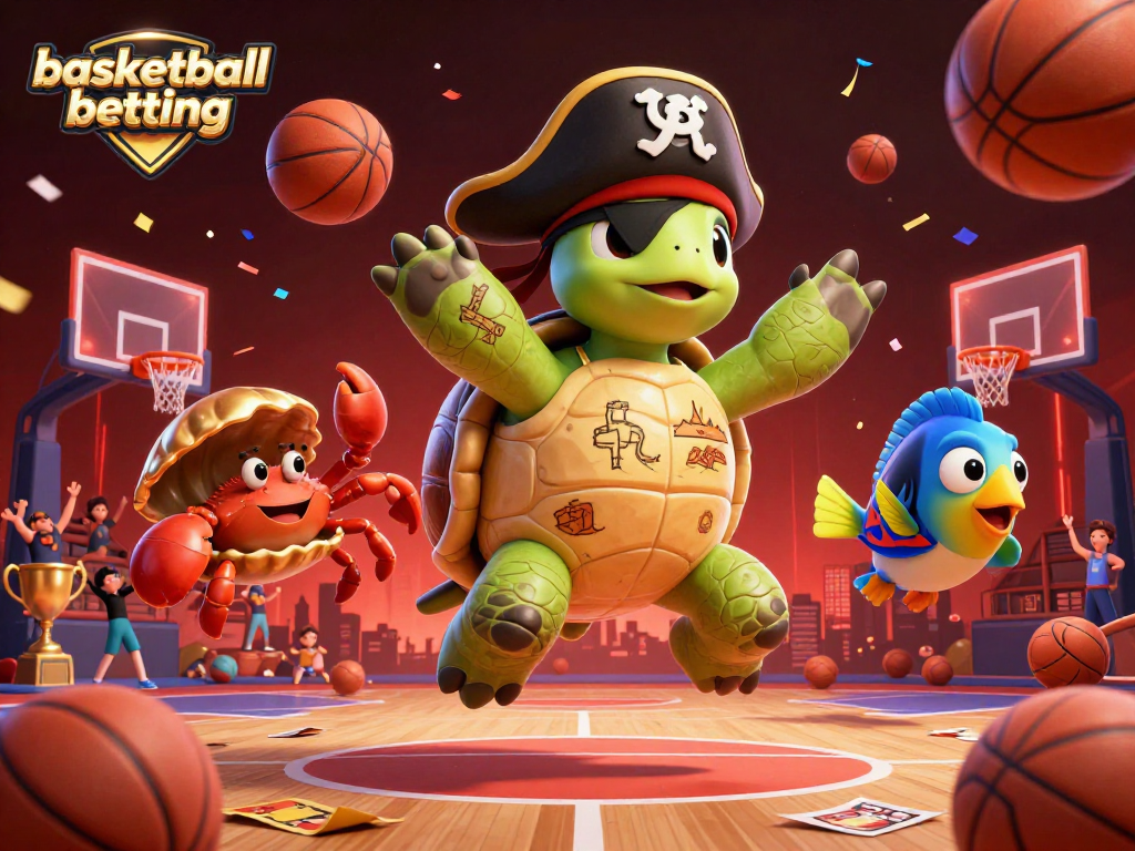 Basketball betting scene with characters celebrating over dynamic sports elements and odds slips.